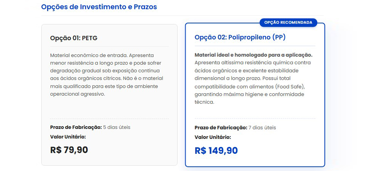 Proposta técnica com opções de material e preço